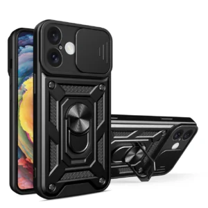 Hybrid Armor Camshield iPhone 16 Armored Case with Camera Cover and Stand - Black