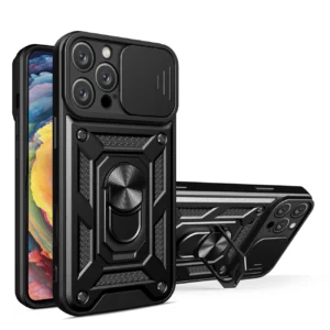 Hybrid Armor Camshield iPhone 16 Pro Case with Camera Cover and Stand - Black