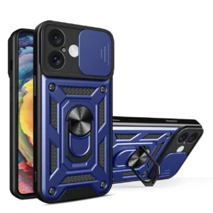 Hybrid Armor Camshield iPhone 16 Case with Camera Cover and Stand - Blue