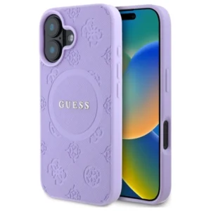 Guess Saffiano Peony Classic Logo MagSafe iPhone 16 Case - Purple