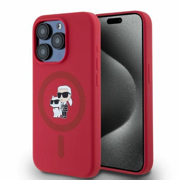 Karl Lagerfeld Silicone Karl&Choupette Heads Ring MagSafe Case for iPhone 15 Pro - Red