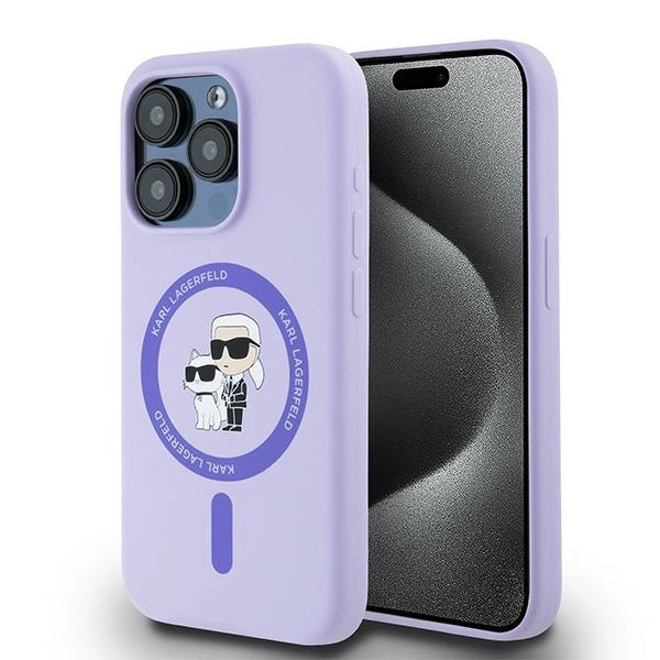 Karl Lagerfeld Silicone Karl&Choupette Heads Ring MagSafe Case for iPhone 15 Pro - Purple