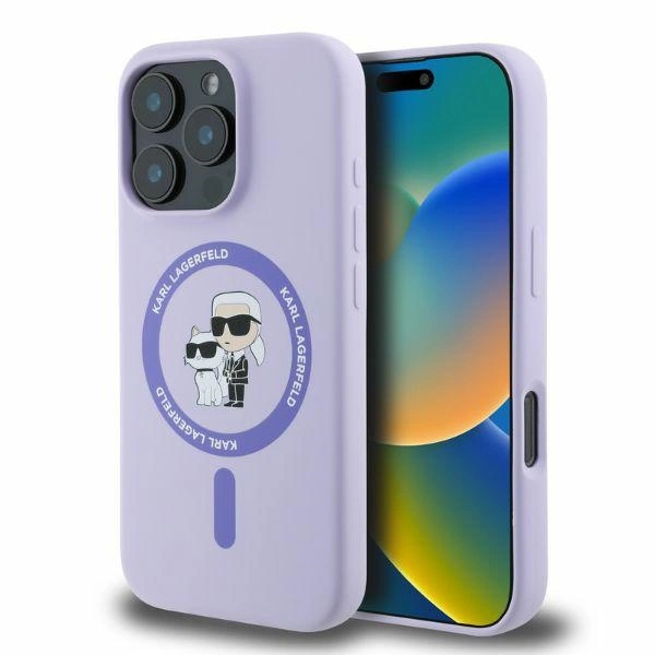 Karl Lagerfeld Silicone Karl&Choupette Heads Ring MagSafe Case for iPhone 16 Pro - Purple