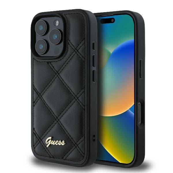 Guess Quilted Metal Logo iPhone 16 Pro Case - Black