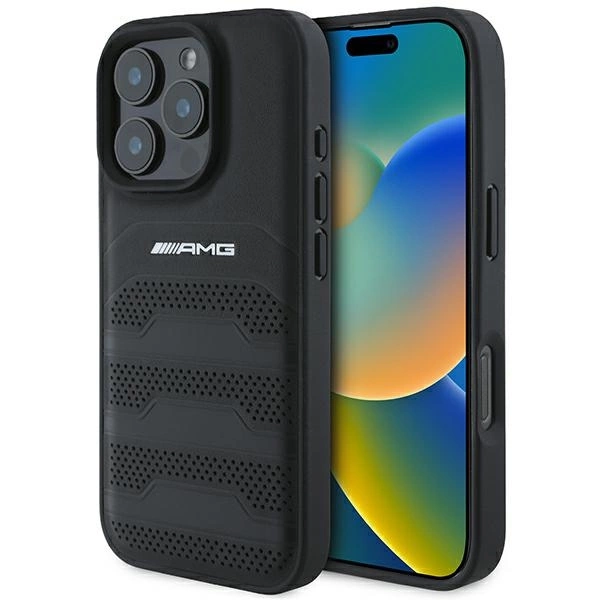 AMG Leather Debossed Lines Black Logo iPhone 16 Pro Case - Black