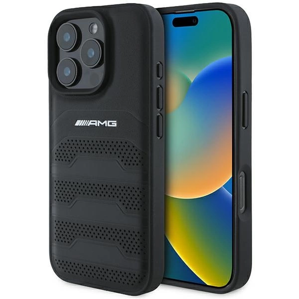 AMG Leather Debossed Lines Black Logo iPhone 16 Pro Max Case - Black