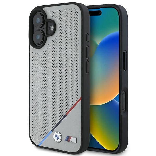 BMW M Perforated Tricolor Line MagSafe iPhone 16 Case - Gray