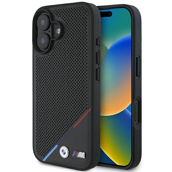 BMW M Perforated Tricolor Line MagSafe iPhone 16 Case - Black