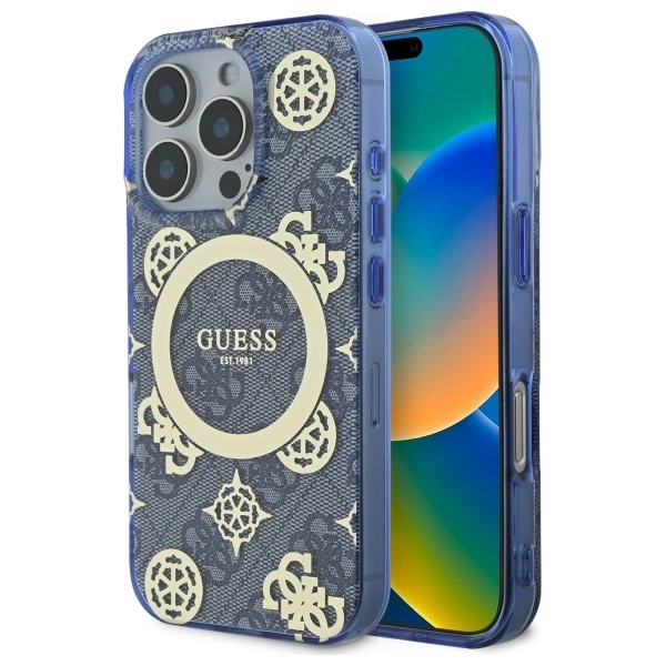 Guess IML Peony On 4G Background MagSafe Case for iPhone 16 Pro - Blue