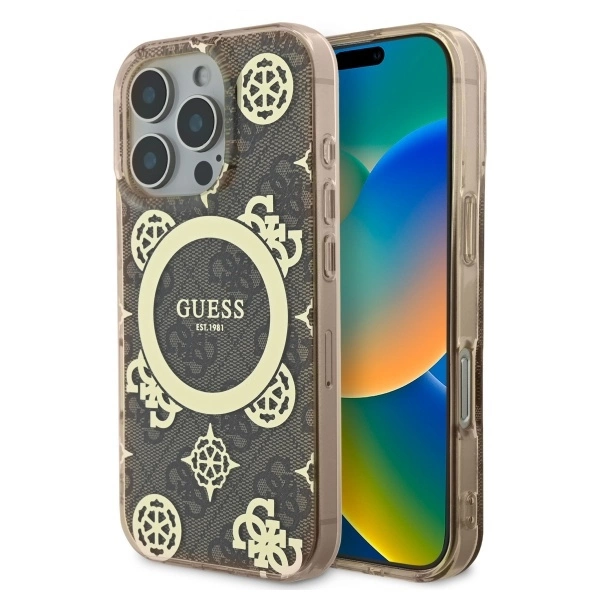 Guess IML Peony On 4G Background MagSafe Case for iPhone 16 Pro - Brown