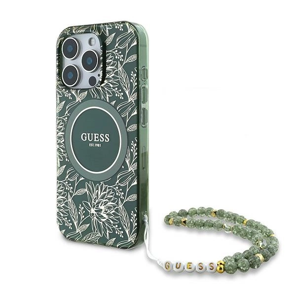 Guess IML Flowers Allover Electro With Pearl Strap MagSafe case for iPhone 16 Pro - green