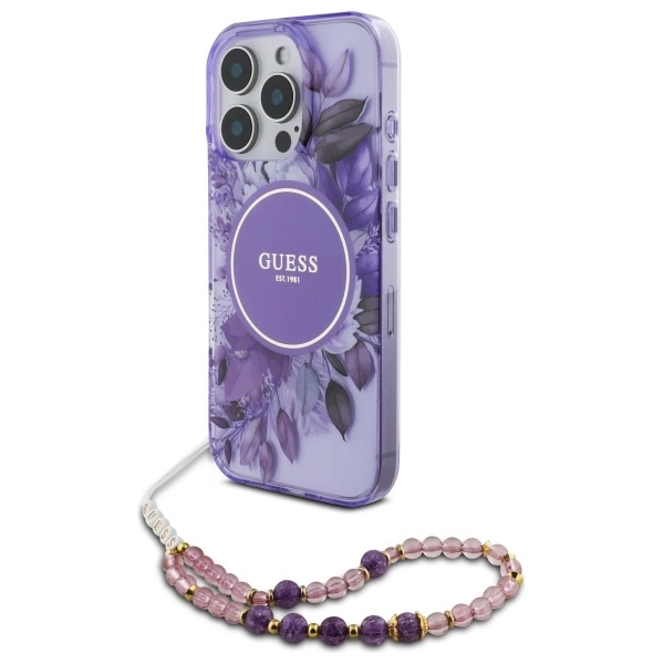 Guess IML Flowers With Pearl Strap MagSafe case for iPhone 16 Pro - purple