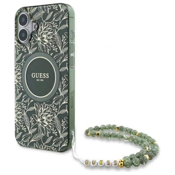 Guess IML Flowers Allover Electro With Pearl Strap MagSafe case for iPhone 16 Plus - green