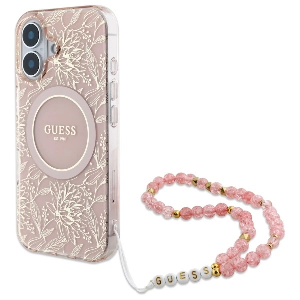 Guess IML Flowers Allover Electro With Pearl Strap MagSafe iPhone 16 Plus Case - Pink