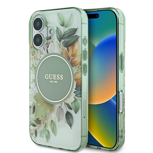 Guess IML Flower & Tonal Circle MagSafe case for iPhone 16 Plus - green