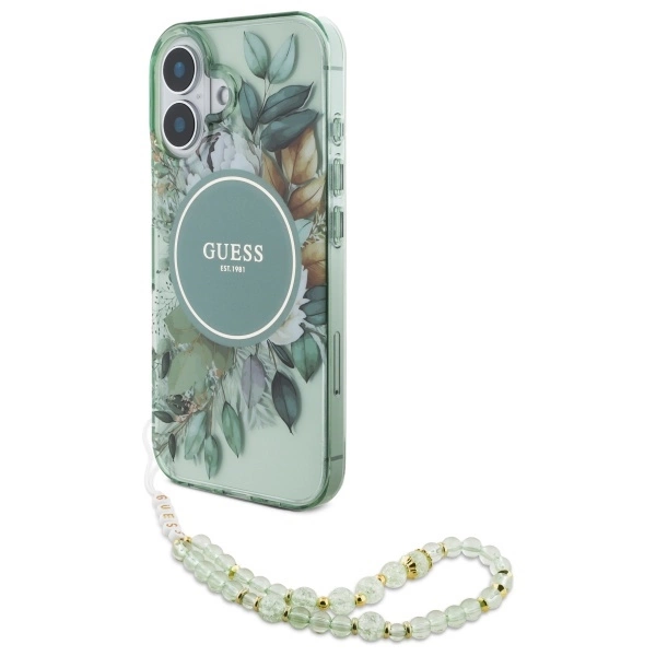 Guess IML Flowers With Pearl Strap MagSafe case for iPhone 16 Plus - green