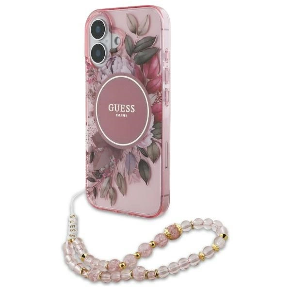 Guess IML Flowers With Pearl Strap MagSafe iPhone 16 Plus Case - Pink