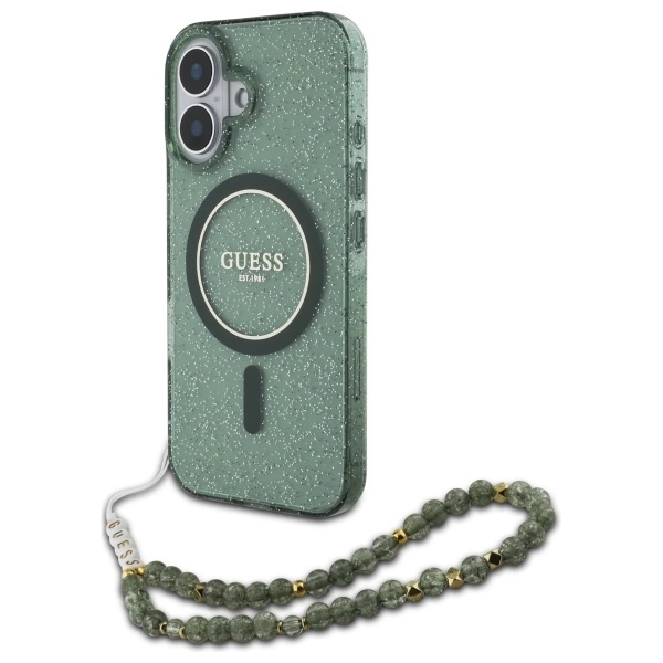 Guess IML Glitter With Pearl Strap MagSafe case for iPhone 16 Plus - green