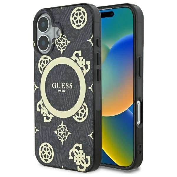 Guess IML Peony On 4G Background MagSafe case for iPhone 16 - black