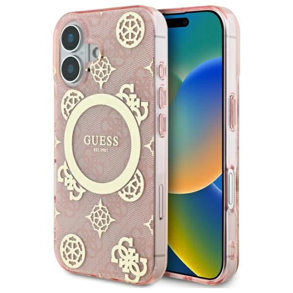 Guess IML Peony On 4G Background MagSafe iPhone 16 Case - Pink