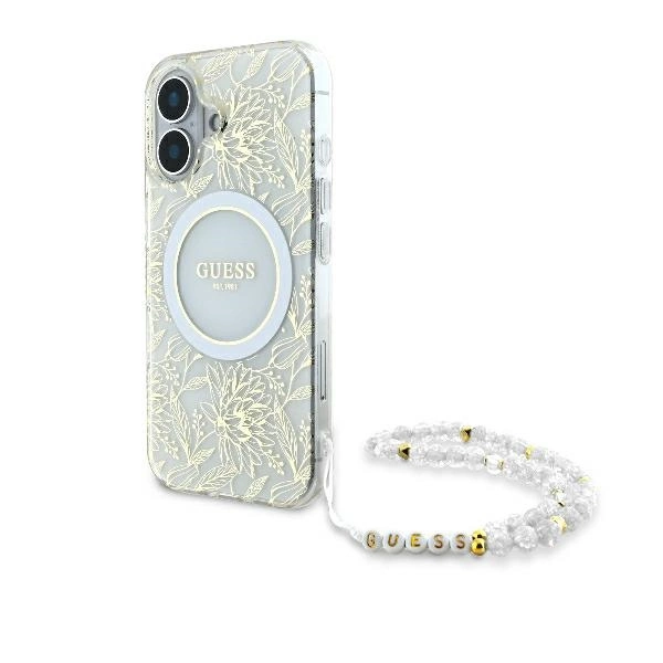 Guess IML Flowers Allover Electro With Pearl Strap MagSafe case for iPhone 16 - white