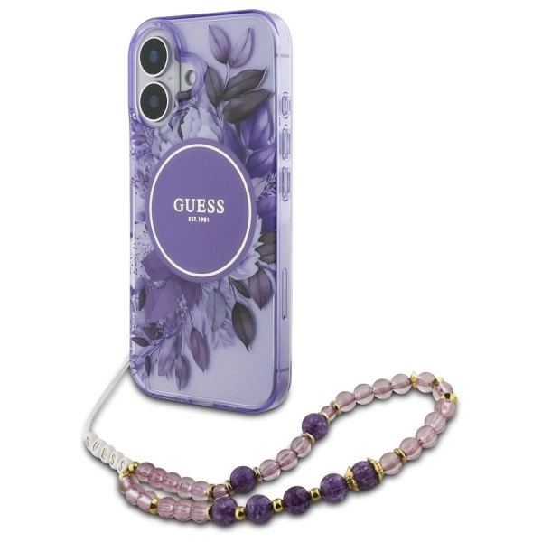 Guess IML Flowers With Pearl Strap MagSafe case for iPhone 16 - purple