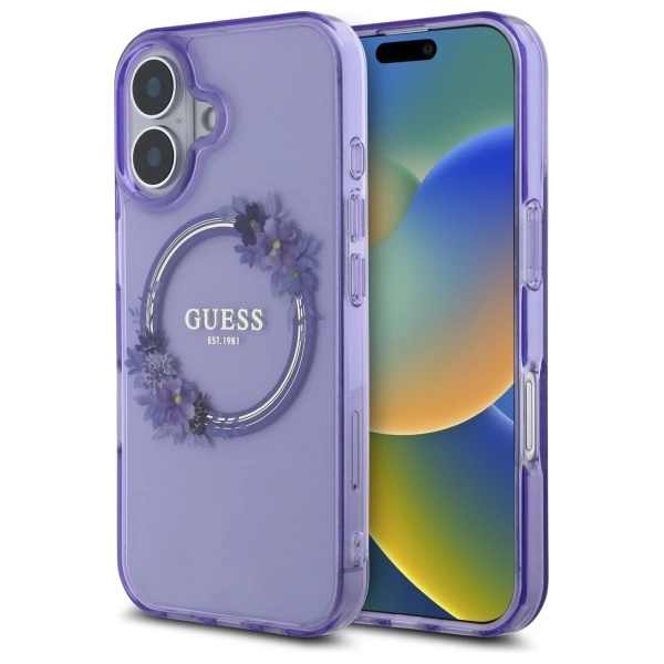 Guess IML Flowers Wreath MagSafe iPhone 16 Case - Purple