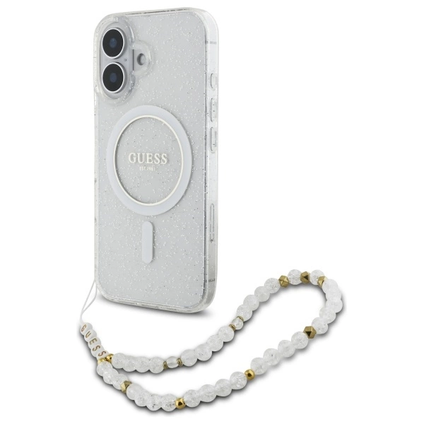 Guess IML Glitter With Pearl Strap MagSafe iPhone 16 Case - Clear