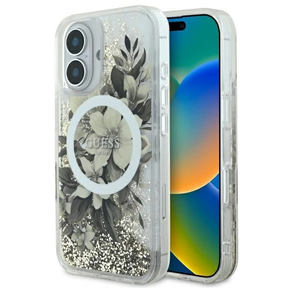 Guess Liquid Glitter Flower MagSafe iPhone 16 Case - Beige