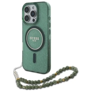 Guess IML Glitter With Pearl Strap MagSafe case for iPhone 16 Pro Max - green