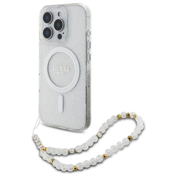 Guess IML Glitter With Pearl Strap MagSafe Case for iPhone 16 Pro Max - Clear