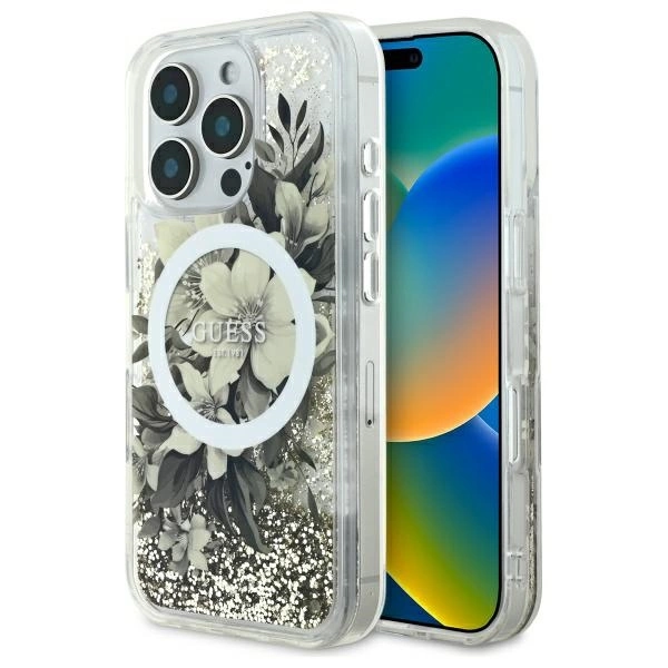 Guess Liquid Glitter Flower MagSafe iPhone 16 Pro Max Case - Beige