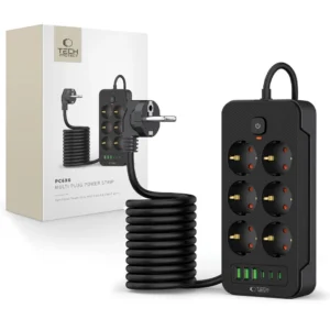 Tech-Protect PC6X6 Power Strip 6 Sockets 240V + 3xUSB-A + 3xUSB-C 200cm - Black