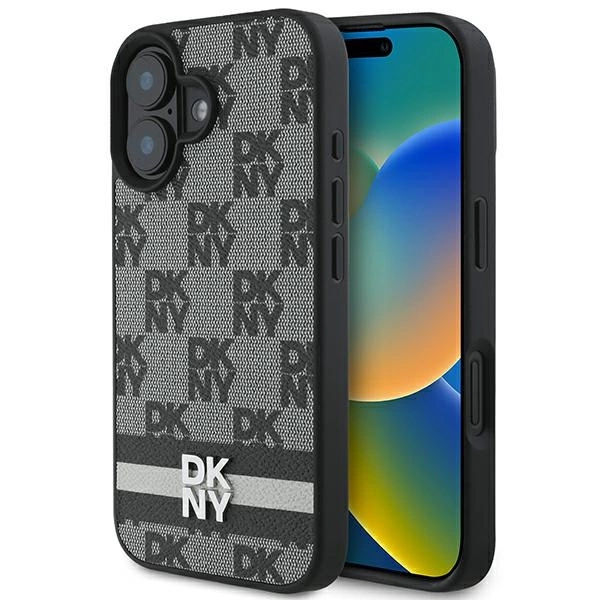 DKNY Checkered Pattern & Printed Stripes case for iPhone 16 - black