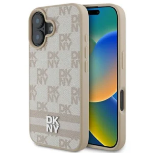 DKNY Checkered Pattern & Printed Stripes iPhone 16 Case - Pink