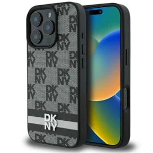 DKNY Checkered Pattern & Printed Stripes case for iPhone 16 Pro Max - black