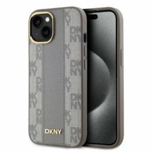 DKNY Leather Checkered Mono Pattern MagSafe iPhone 14 Case - Beige