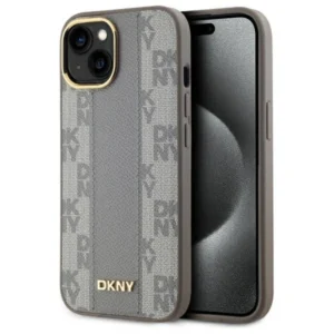 DKNY Leather Checkered Mono Pattern MagSafe iPhone 15 Plus Case - Beige