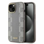 DKNY Leather Checkered Mono Pattern MagSafe iPhone 15 Case - Beige