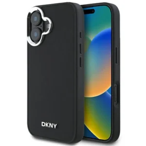 DKNY Plain Silver Logo MagSafe iPhone 16 Case - Black