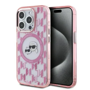 Karl Lagerfeld IML Monogram Karl & Choupette Head MagSafe iPhone 15 Pro Case - Pink