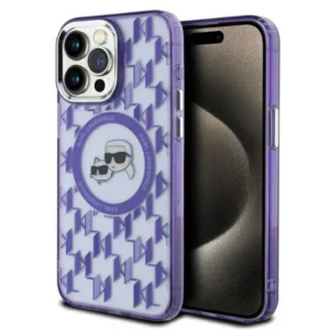 Karl Lagerfeld IML Monogram Karl & Choupette Head MagSafe iPhone 15 Pro Case - Purple