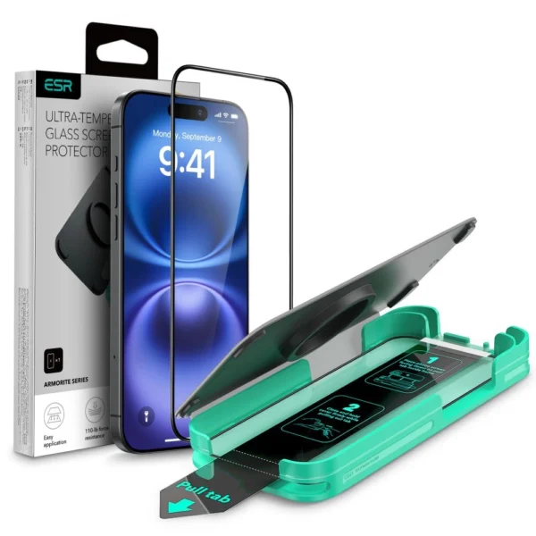 ESR Armorite Tempered Glass for iPhone 16 with Applicator - with Black Frame