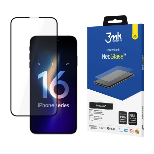 Tempered glass 3mk NeoGlass with black frame for iPhone 16