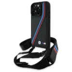 BMW M Edition Carbon Tricolor Lines & Strap Case for iPhone 16 Pro - Black