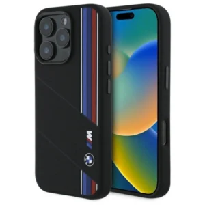 BMW Silicone Cut Tricolor Lines MagSafe Case for iPhone 16 Pro - Black