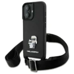 Karl Lagerfeld Saffiano Karl&Choupette Metal Pin CBDY Strap iPhone 16 Case - Black