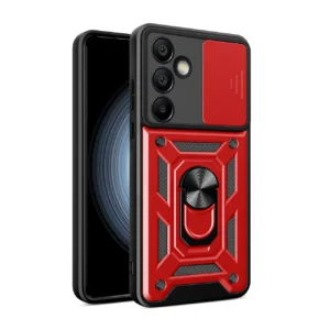 Hybrid Armor Camshield with Camera Cover and Metal Ring for Samsung Galaxy S24 FE - Red