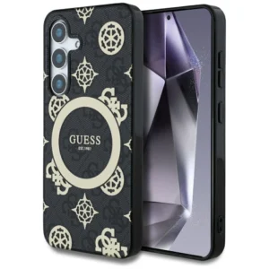 Guess 4G Background Gold Electroplated Peony Pattern MagSafe case for Samsung Galaxy S25 black