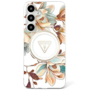 Guess Glitter Flowers Triangle Buttons MagSafe Case for Samsung Galaxy S25 White